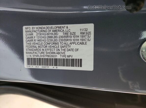 5FNRL6H97PB026031 2023 HONDA ODYSSEY Gray VIN կոդի պիտակի տեսք