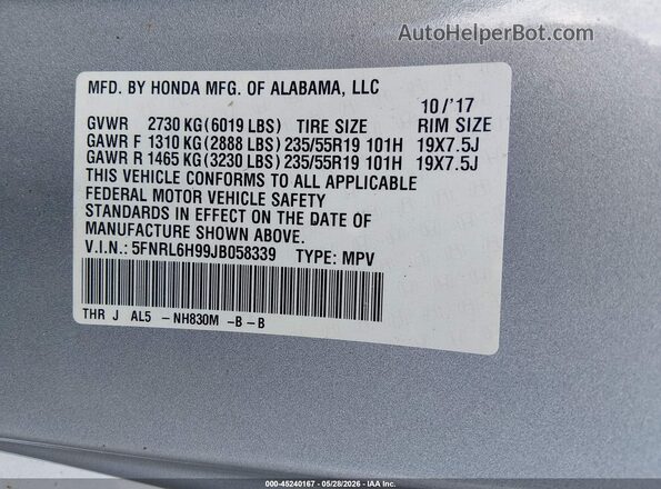 5FNRL6H99JB058339 2018 HONDA ODYSSEY Silver Շարժիչի բաժամունքի տեսք