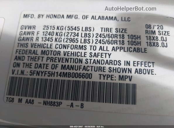 5FNYF5H14MB006600 2021 HONDA PILOT White Engine compartment view