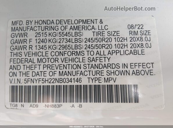 5FNYF5H22NB034146 2022 HONDA PILOT White Вид підкапотного простору