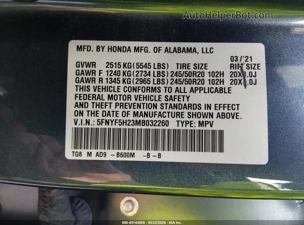 5FNYF5H23MB032260 2021 HONDA PILOT Синий Вид подкапотного пространства