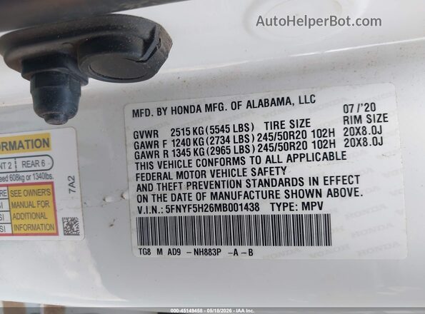 5FNYF5H26MB001438 2021 HONDA PILOT White ძრავის განყოფილების ხედი