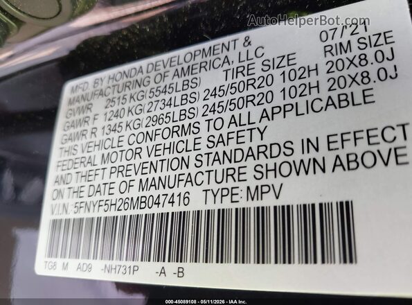5FNYF5H26MB047416 2021 HONDA PILOT Black Вид підкапотного простору