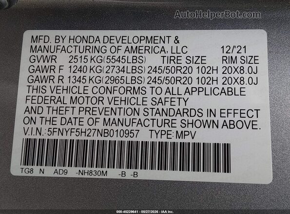 5FNYF5H27NB010957 2022 HONDA PILOT Silver Շարժիչի բաժամունքի տեսք