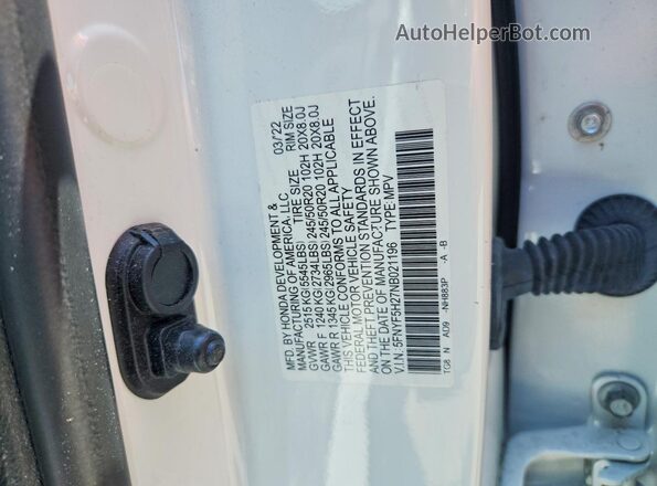 5FNYF5H27NB021196 2022 HONDA PILOT White Вид наклейки з VIN-кодом