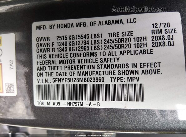 5FNYF5H28MB023960 2021 HONDA PILOT Gray Engine compartment view