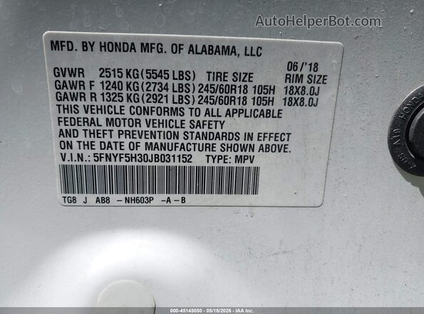 5FNYF5H30JB031152 2018 HONDA PILOT White Vista del compartimento del motor