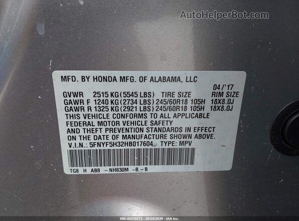 5FNYF5H32HB017604 2017 HONDA PILOT Silver Widok komory silnika
