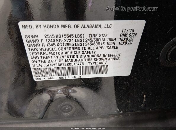 5FNYF5H33KB016775 2019 HONDA PILOT Black Շարժիչի բաժամունքի տեսք