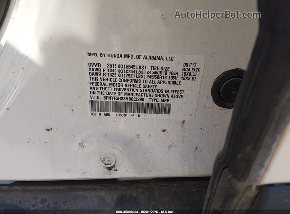 5FNYF5H38HB033290 2017 HONDA PILOT White Շարժիչի բաժամունքի տեսք