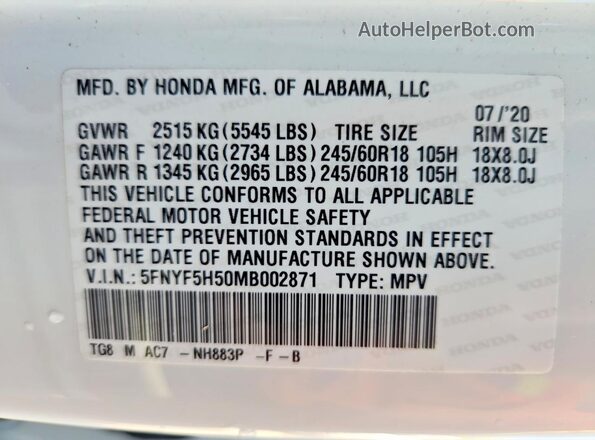 5FNYF5H50MB002871 2021 HONDA PILOT White VIN sticker view