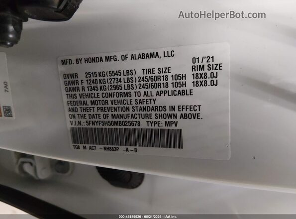 5FNYF5H50MB025678 2021 HONDA PILOT White Engine compartment view