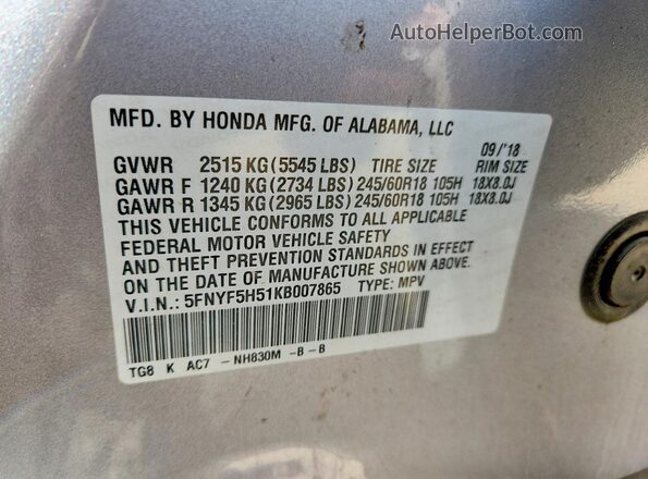 5FNYF5H51KB007865 2019 HONDA PILOT Silver 