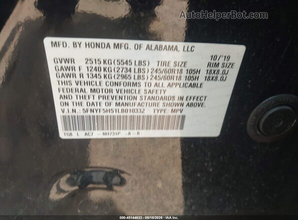 5FNYF5H51LB010332 2020 HONDA PILOT Black ძრავის განყოფილების ხედი