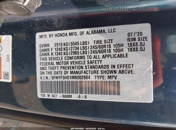 5FNYF5H51MB002684 2021 HONDA PILOT Blue Вид підкапотного простору