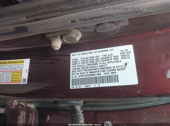 5FNYF5H52MB017064 2021 HONDA PILOT Burgundy Widok komory silnika