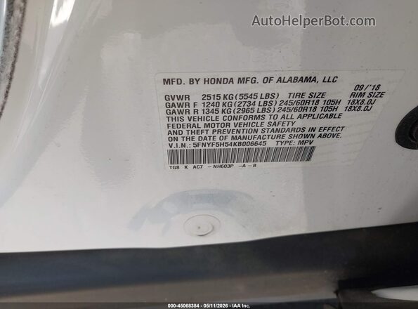 5FNYF5H54KB006645 2019 HONDA PILOT White Vista del compartimento del motor