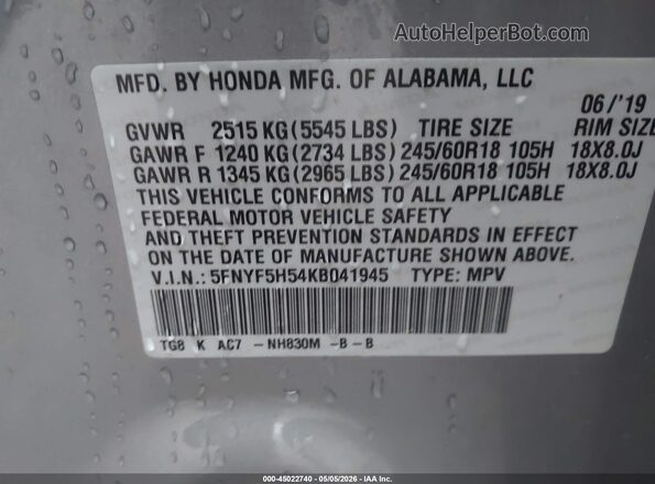 5FNYF5H54KB041945 2019 HONDA PILOT Silver 