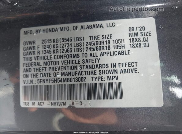 5FNYF5H54MB013002 2021 HONDA PILOT Gray ძრავის განყოფილების ხედი