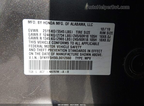 5FNYF5H56LB012660 2020 HONDA PILOT Gray Vista del compartimento del motor