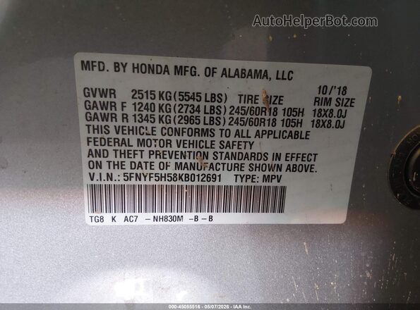 5FNYF5H58KB012691 2019 HONDA PILOT Silver Widok komory silnika
