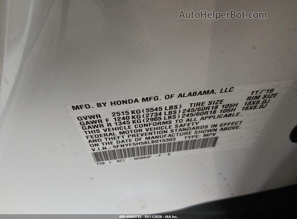 5FNYF5H58LB015303 2020 HONDA PILOT Белый Вид подкапотного пространства