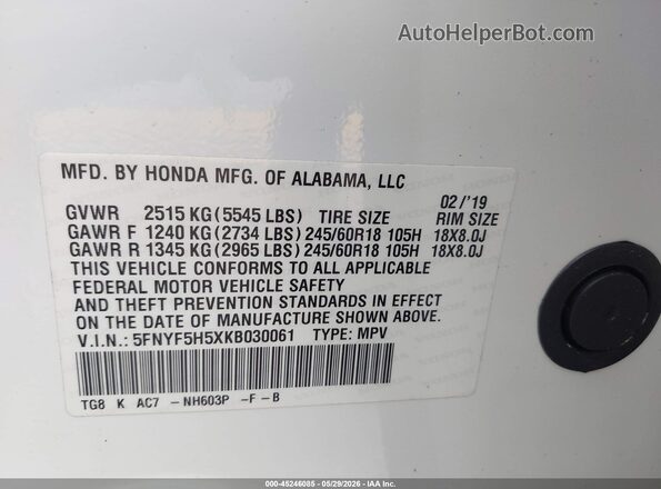 5FNYF5H5XKB030061 2019 HONDA PILOT White Widok komory silnika