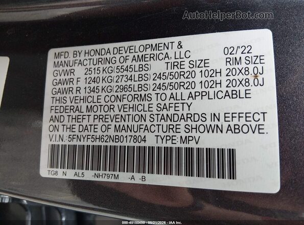 5FNYF5H62NB017804 2022 HONDA PILOT Серый Вид подкапотного пространства
