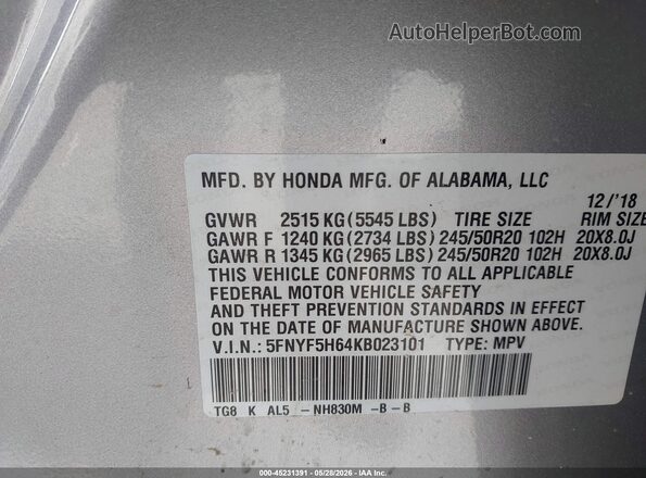 5FNYF5H64KB023101 2019 HONDA PILOT Silver Widok komory silnika