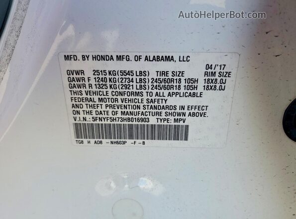 5FNYF5H73HB016903 2017 HONDA PILOT Белый 