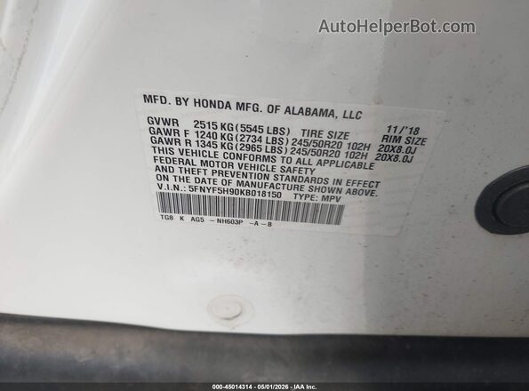 5FNYF5H90KB018150 2019 HONDA PILOT White Vista del compartimento del motor