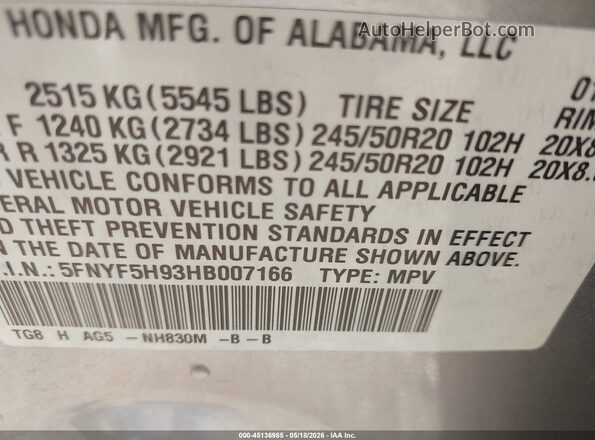 5FNYF5H93HB007166 2017 HONDA PILOT Gray Engine compartment view