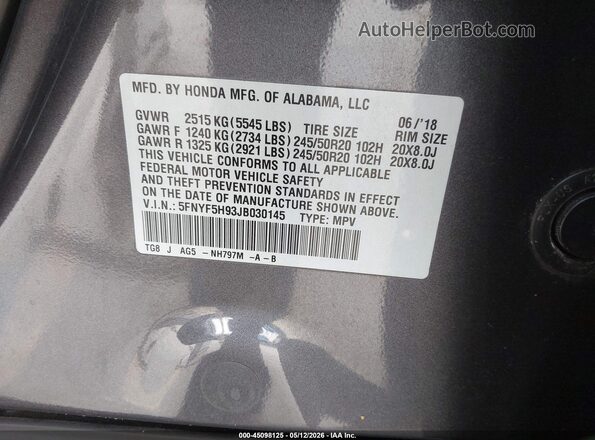 5FNYF5H93JB030145 2018 HONDA PILOT Gray ძრავის განყოფილების ხედი