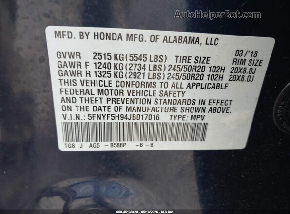 5FNYF5H94JB017016 2018 HONDA PILOT Dark Blue Widok komory silnika