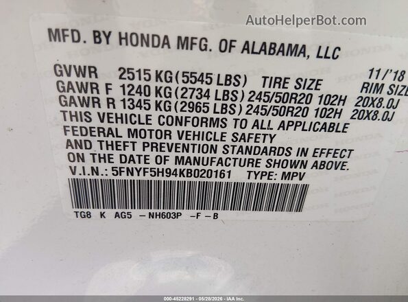 5FNYF5H94KB020161 2019 HONDA PILOT White 