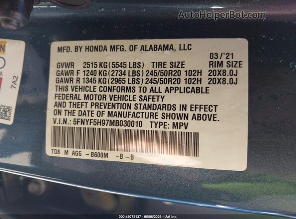 5FNYF5H97MB030010 2021 HONDA PILOT Blue Engine compartment view