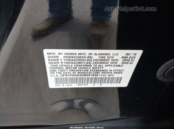 5FNYF6H04GB091830 2016 HONDA PILOT Black Շարժիչի բաժամունքի տեսք