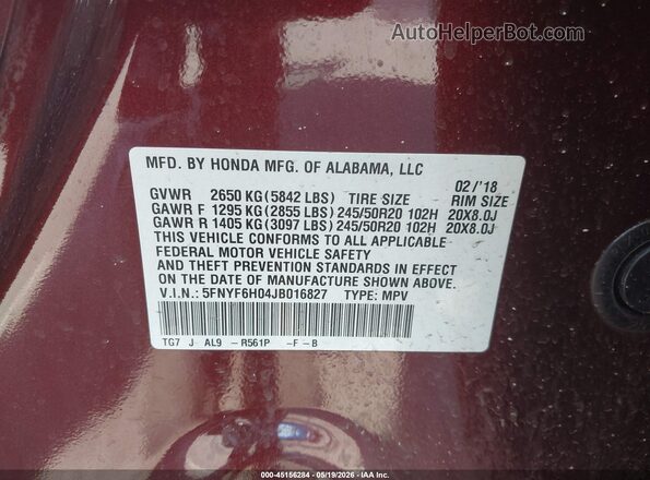 5FNYF6H04JB016827 2018 HONDA PILOT Maroon Engine compartment view