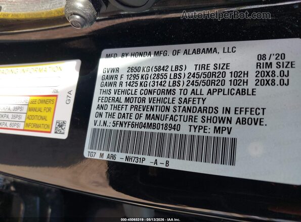 5FNYF6H04MB018940 2021 HONDA PILOT Black Engine compartment view