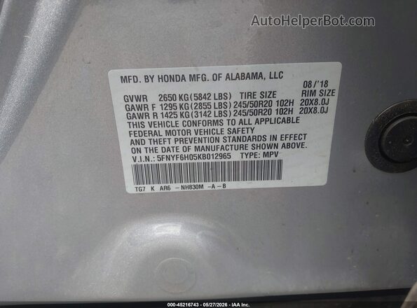5FNYF6H05KB012965 2019 HONDA PILOT Silver Вид підкапотного простору