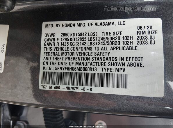5FNYF6H06MB000813 2021 HONDA PILOT Серый Вид подкапотного пространства
