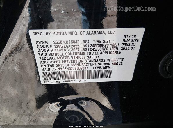 5FNYF6H07JB009337 2018 HONDA PILOT Black 