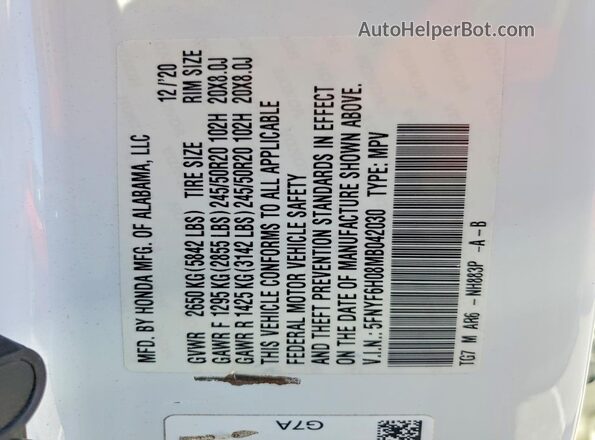5FNYF6H08MB042030 2021 HONDA PILOT White Vista de la etiqueta del VIN