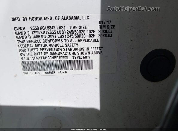 5FNYF6H09HB010905 2017 HONDA PILOT White Engine compartment view