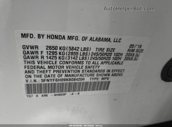 5FNYF6H09KB084204 2019 HONDA PILOT White ძრავის განყოფილების ხედი