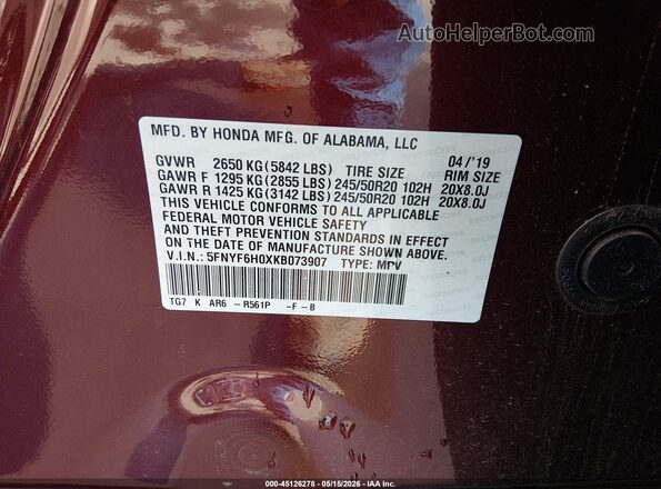 5FNYF6H0XKB073907 2019 HONDA PILOT Burgundy ძრავის განყოფილების ხედი