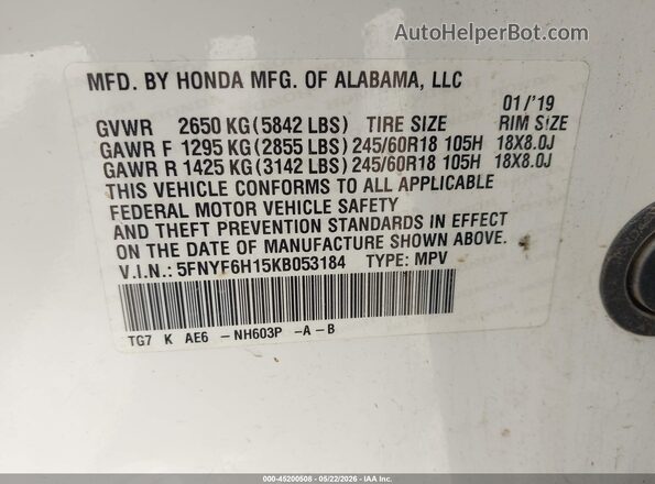 5FNYF6H15KB053184 2019 HONDA PILOT White ძრავის განყოფილების ხედი