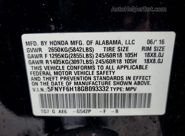 5FNYF6H18GB093332 2016 HONDA PILOT Black VIN կոդի պիտակի տեսք