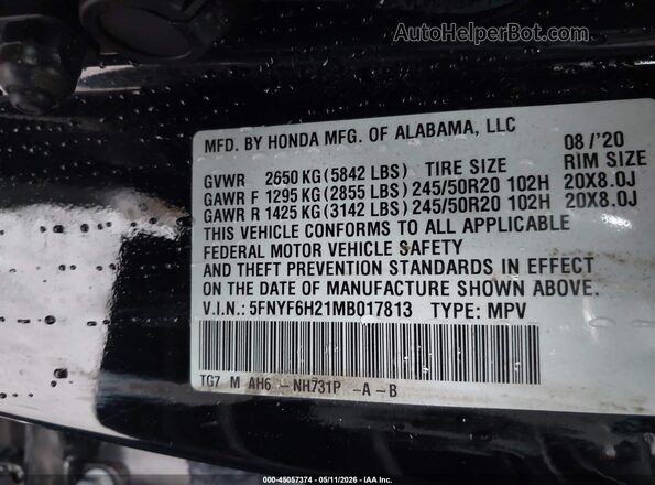 5FNYF6H21MB017813 2021 HONDA PILOT Black Vista del compartimento del motor