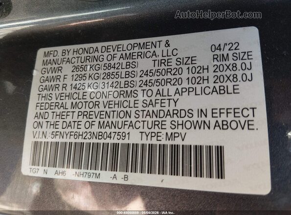 5FNYF6H23NB047591 2022 HONDA PILOT Gray ძრავის განყოფილების ხედი